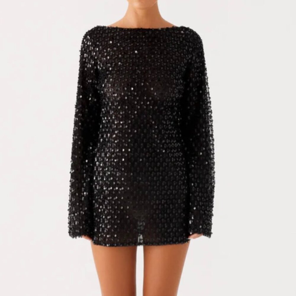 Black Sequin Long-Sleeve Mini Dress - Picture 2 of 2